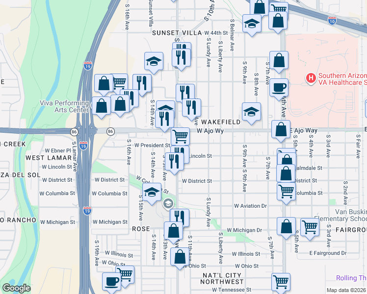map of restaurants, bars, coffee shops, grocery stores, and more near 3917 South 12th Avenue in Tucson