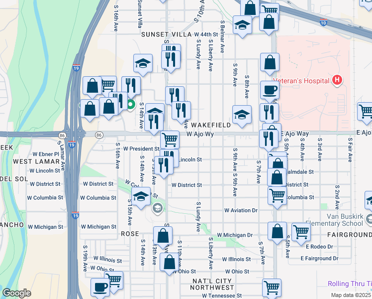 map of restaurants, bars, coffee shops, grocery stores, and more near 431 West President Street in Tucson