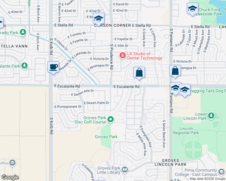 map of restaurants, bars, coffee shops, grocery stores, and more near 3841 South Winter Palm Drive in Tucson
