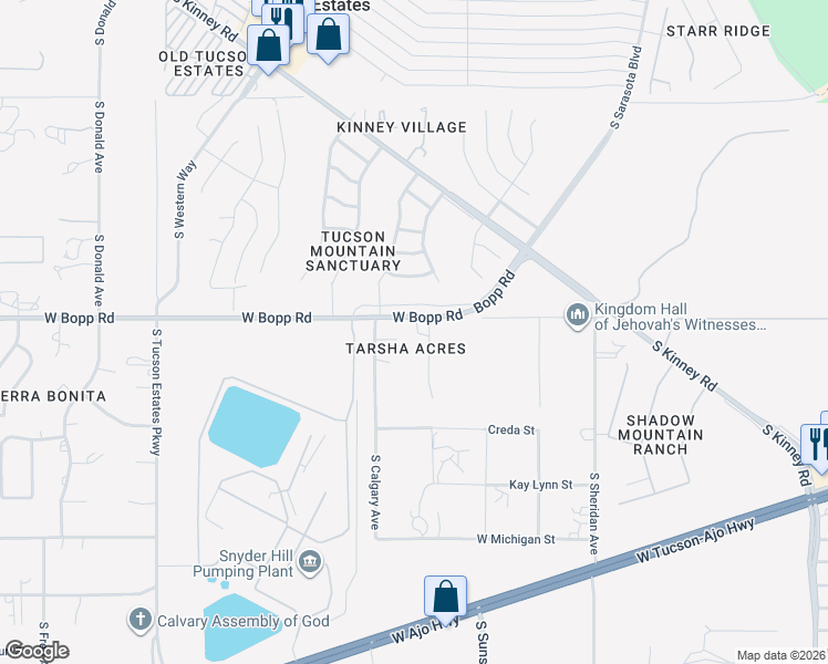 map of restaurants, bars, coffee shops, grocery stores, and more near 3850 South Selkirk Avenue in Tucson