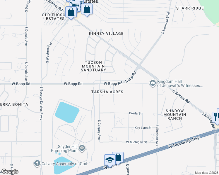 map of restaurants, bars, coffee shops, grocery stores, and more near 3850 South Selkirk Avenue in Tucson