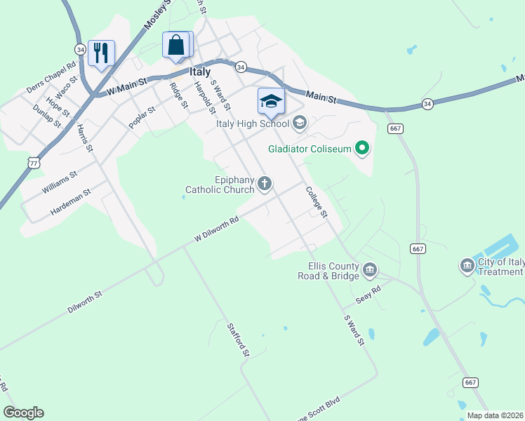 map of restaurants, bars, coffee shops, grocery stores, and more near 100 Dilworth Street in Italy