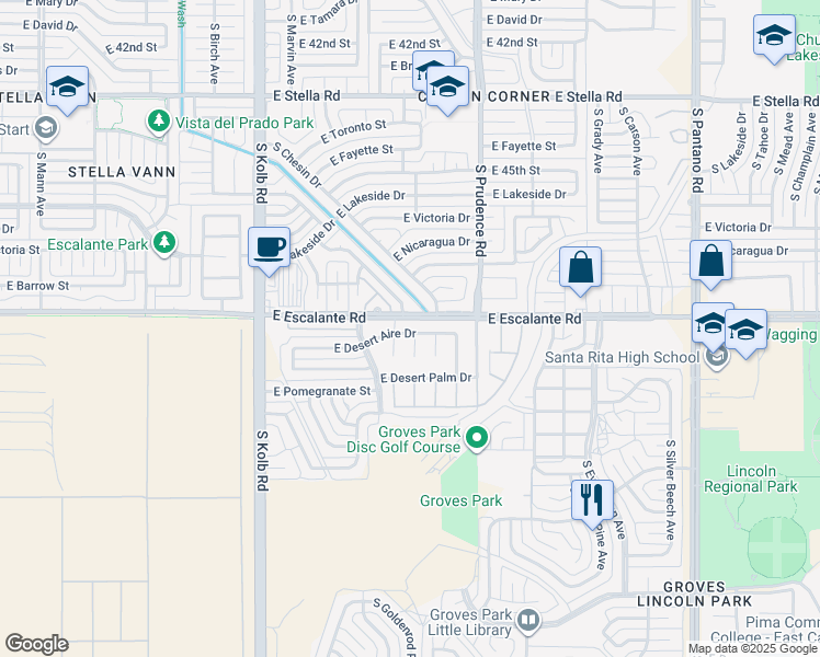 map of restaurants, bars, coffee shops, grocery stores, and more near 7361 East Desert Aire Drive in Tucson