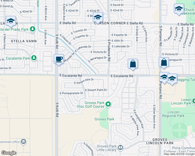 map of restaurants, bars, coffee shops, grocery stores, and more near 7462 East Desert Aire Drive in Tucson