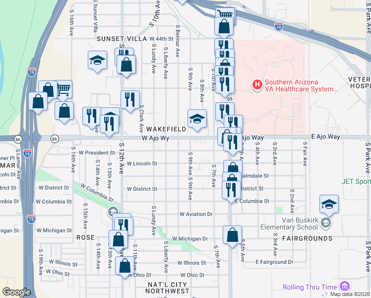 map of restaurants, bars, coffee shops, grocery stores, and more near 3913 South 9th Avenue in Tucson