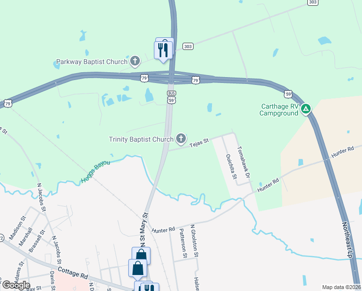 map of restaurants, bars, coffee shops, grocery stores, and more near 489-499 Tejas Street in Carthage