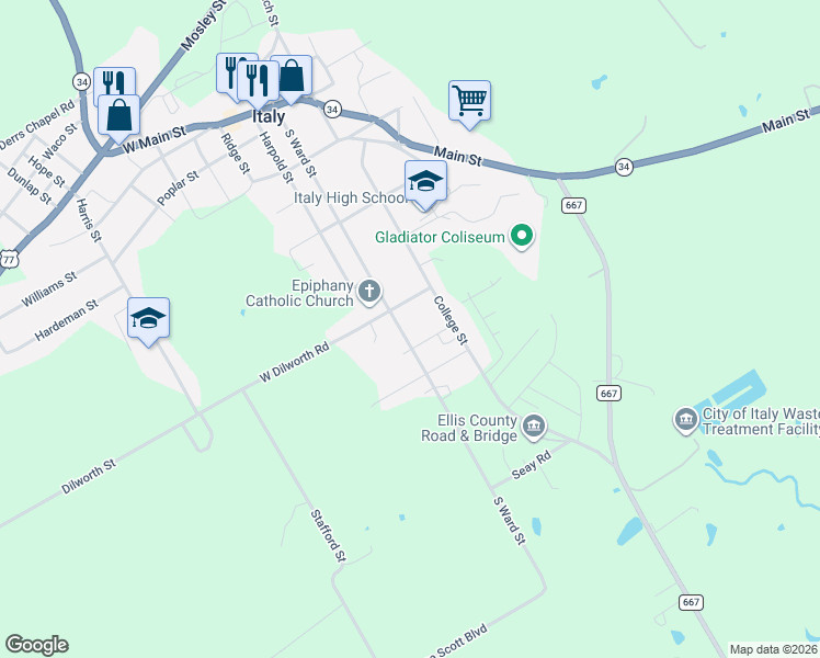 map of restaurants, bars, coffee shops, grocery stores, and more near 201 Rosemond Lane in Italy