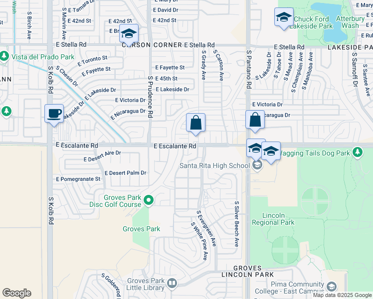 map of restaurants, bars, coffee shops, grocery stores, and more near 3807 South Queen Palm Drive in Tucson