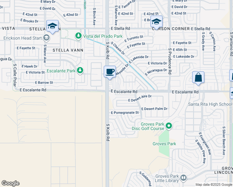 map of restaurants, bars, coffee shops, grocery stores, and more near 7153 East Chelsie Kaye Lane in Tucson