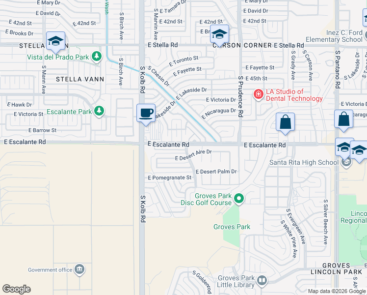 map of restaurants, bars, coffee shops, grocery stores, and more near 7237 East Desert Aire Drive in Tucson