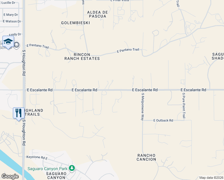 map of restaurants, bars, coffee shops, grocery stores, and more near 10922 East Escalante Road in Tucson