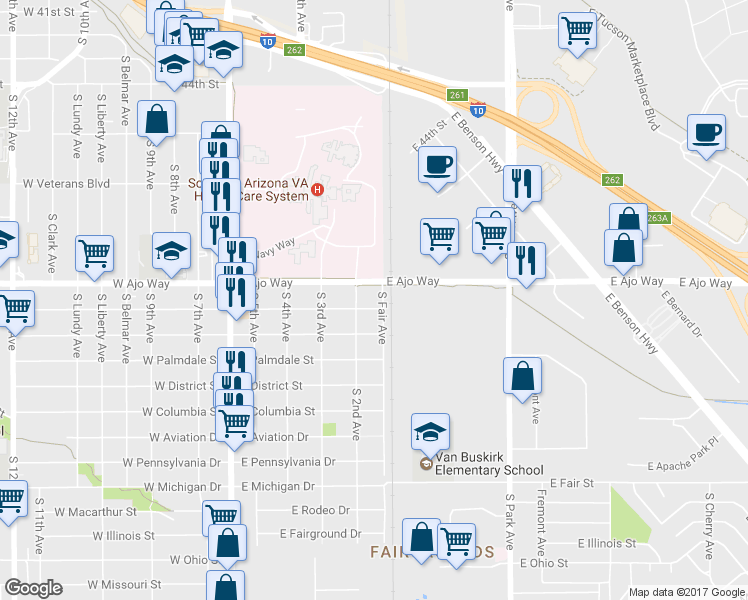 map of restaurants, bars, coffee shops, grocery stores, and more near 410 East President Street in Tucson