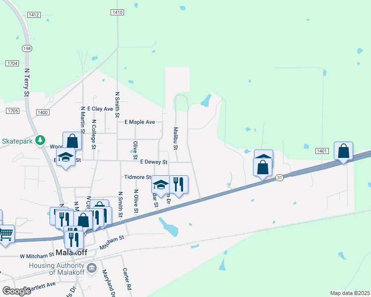 map of restaurants, bars, coffee shops, grocery stores, and more near 502 Malibu Street in Malakoff