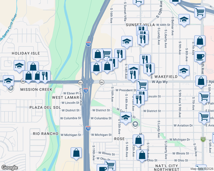 map of restaurants, bars, coffee shops, grocery stores, and more near 851 W Ajo Way in Tucson
