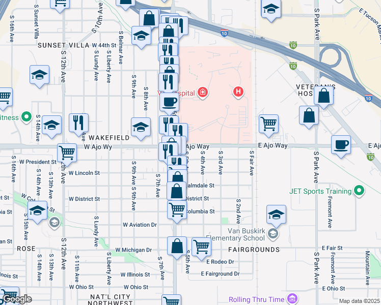 map of restaurants, bars, coffee shops, grocery stores, and more near 102 East Ajo Way in Tucson