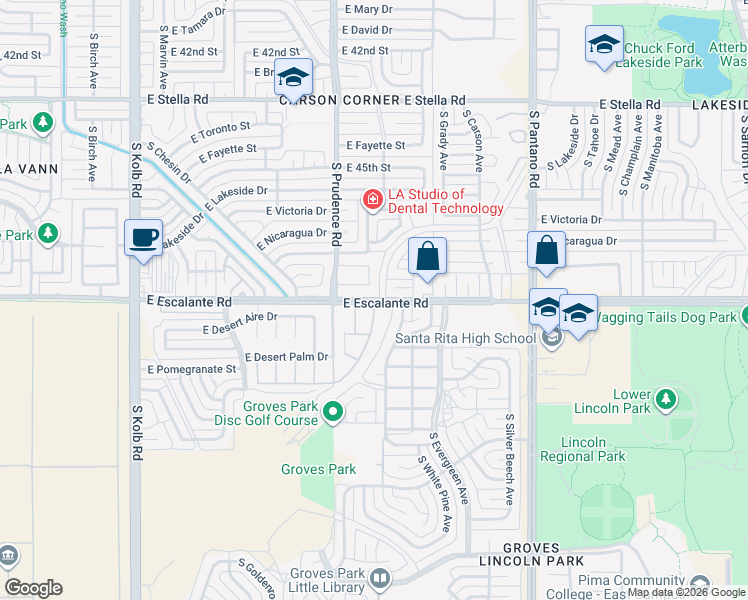 map of restaurants, bars, coffee shops, grocery stores, and more near E Escalante Rd & S Desert Spring Dr in Tucson