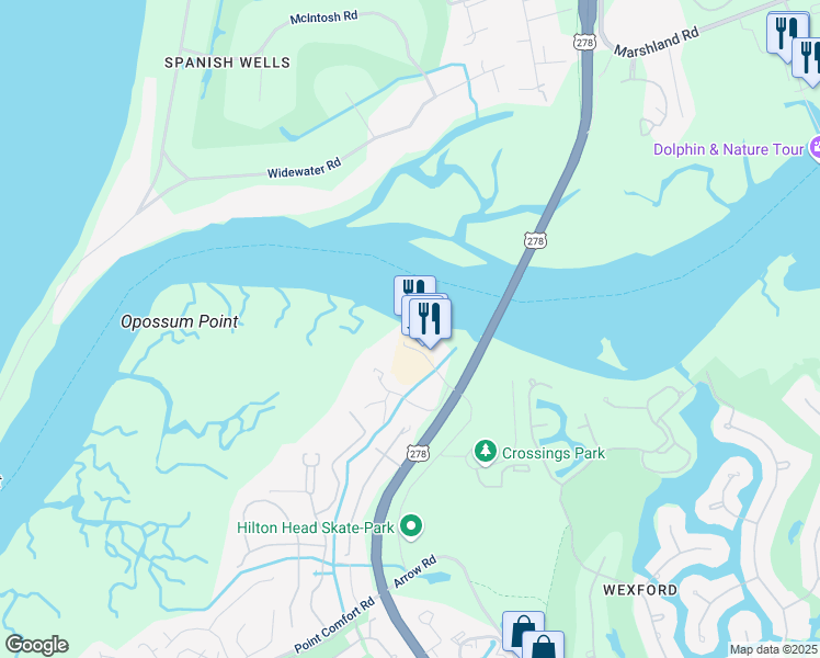 map of restaurants, bars, coffee shops, grocery stores, and more near 100 Helmsman Way in Hilton Head Island