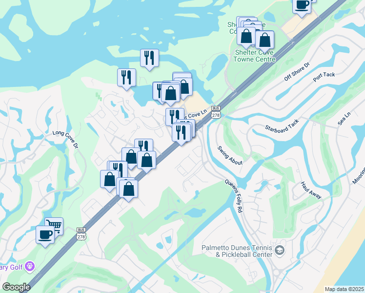 map of restaurants, bars, coffee shops, grocery stores, and more near Queens Folly Road in Hilton Head Island