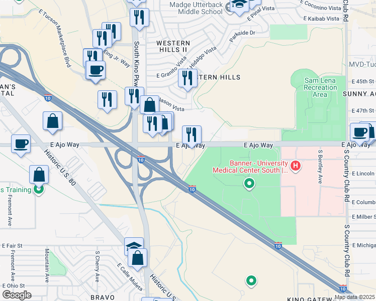 map of restaurants, bars, coffee shops, grocery stores, and more near 2271-2355 East Ajo Way in Tucson