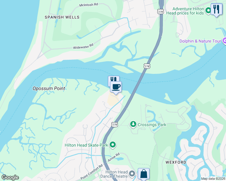 map of restaurants, bars, coffee shops, grocery stores, and more near 90 Helmsman Way in Hilton Head Island