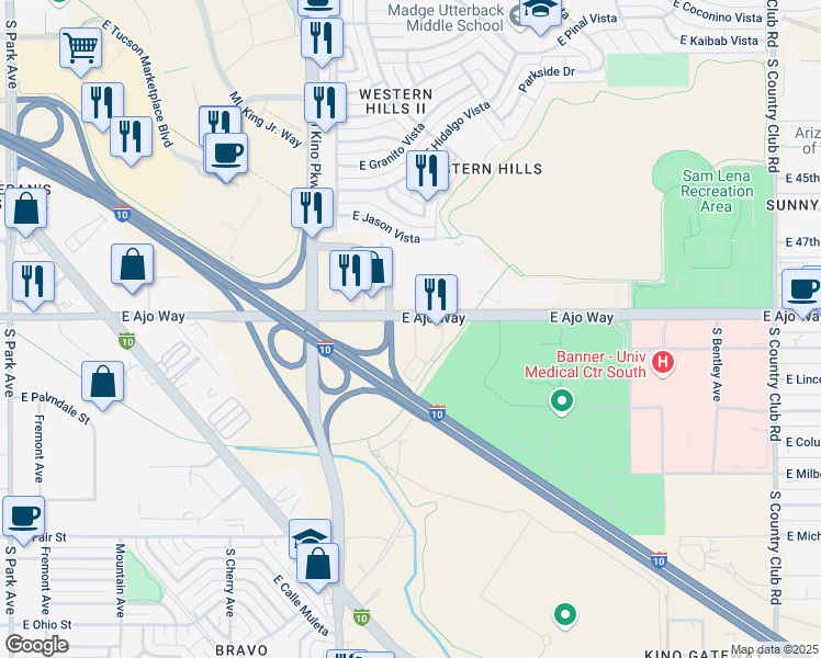 map of restaurants, bars, coffee shops, grocery stores, and more near 2271-2355 East Ajo Way in Tucson
