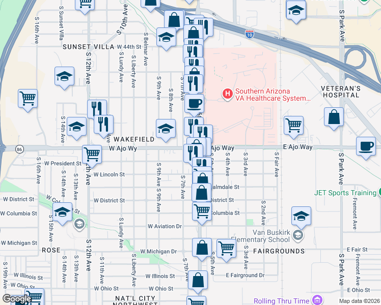 map of restaurants, bars, coffee shops, grocery stores, and more near in Tucson