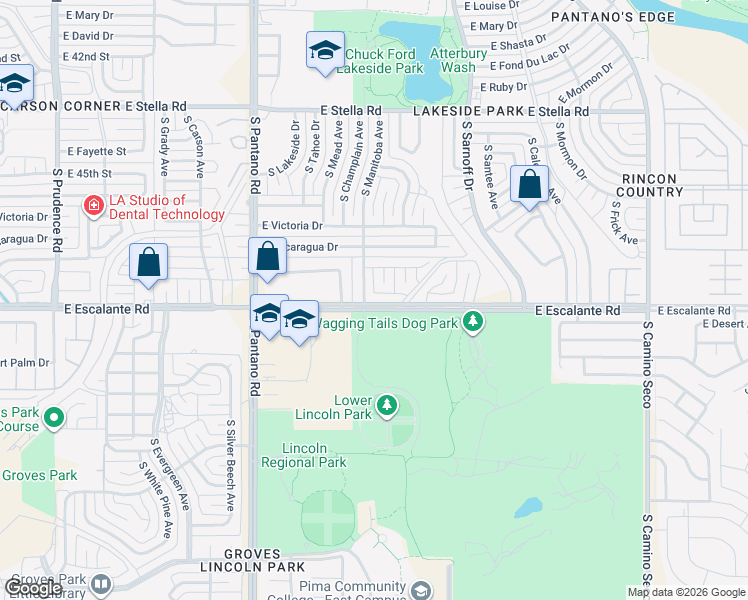 map of restaurants, bars, coffee shops, grocery stores, and more near 3740 South Treck Place in Tucson