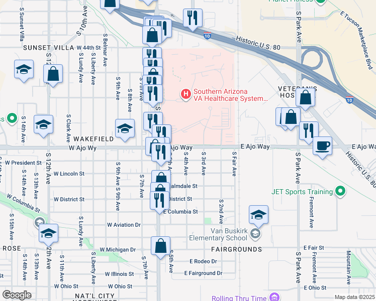 map of restaurants, bars, coffee shops, grocery stores, and more near 214 East Ajo Way in Tucson