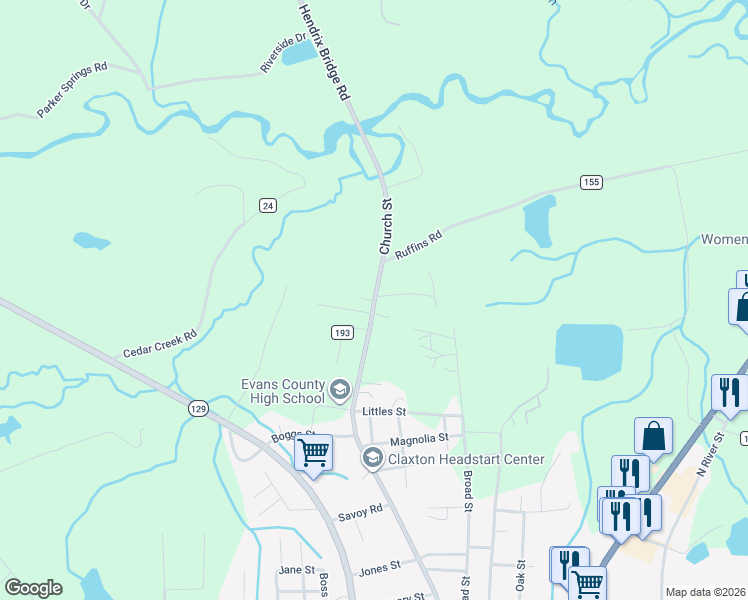 map of restaurants, bars, coffee shops, grocery stores, and more near 1039 Hendrix Bridge Road in Claxton