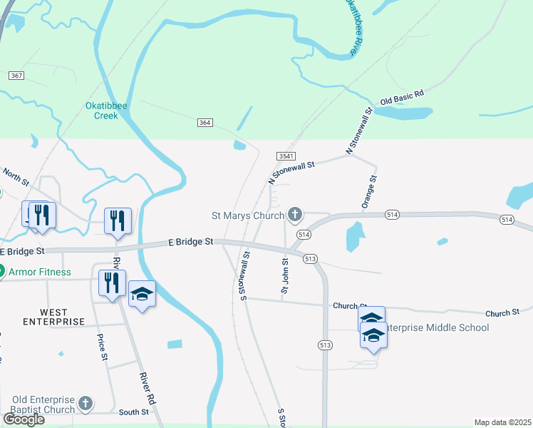 map of restaurants, bars, coffee shops, grocery stores, and more near 200 North Stonewall Street in Enterprise