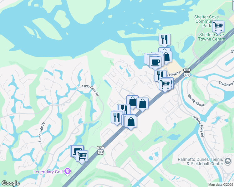 map of restaurants, bars, coffee shops, grocery stores, and more near 43 Cobblestone Court in Hilton Head Island