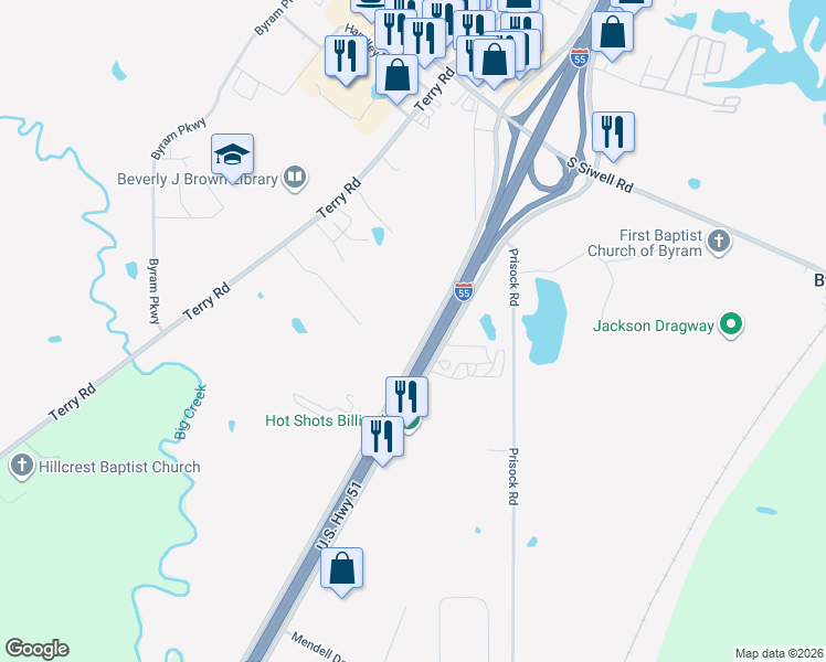 map of restaurants, bars, coffee shops, grocery stores, and more near 6017 Interstate 55 in Byram