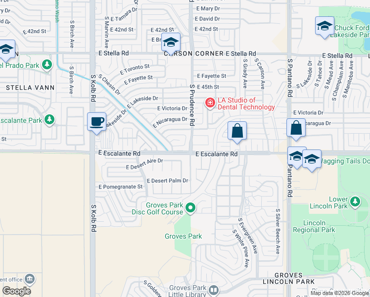 map of restaurants, bars, coffee shops, grocery stores, and more near 7432 East Perth Place in Tucson