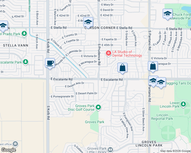 map of restaurants, bars, coffee shops, grocery stores, and more near 7432 East Perth Place in Tucson