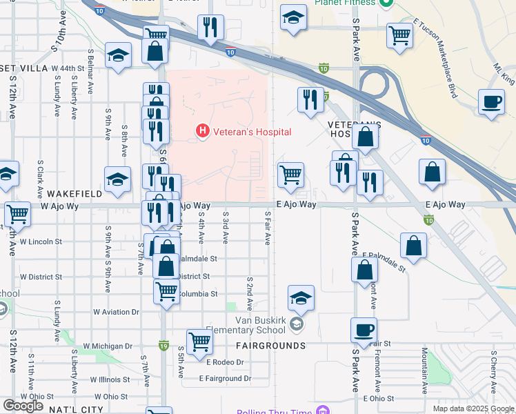 map of restaurants, bars, coffee shops, grocery stores, and more near 414 Julian Wash Greenway in Tucson
