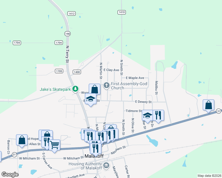 map of restaurants, bars, coffee shops, grocery stores, and more near 403 East Pine Street in Malakoff