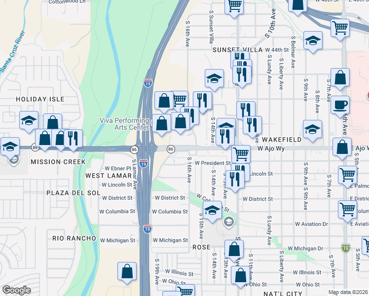 map of restaurants, bars, coffee shops, grocery stores, and more near in Tucson