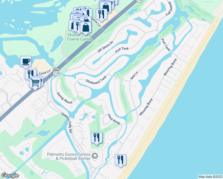 map of restaurants, bars, coffee shops, grocery stores, and more near 10 Rum Row in Hilton Head Island