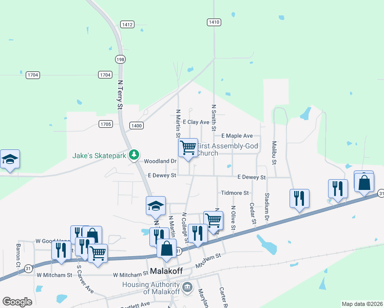 map of restaurants, bars, coffee shops, grocery stores, and more near 403 East Pine Street in Malakoff