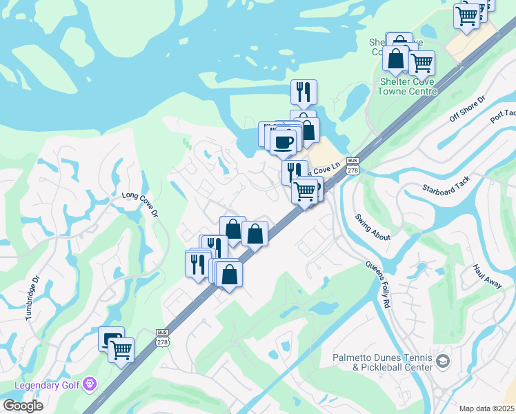 map of restaurants, bars, coffee shops, grocery stores, and more near 9 Marina Side Drive in Hilton Head Island