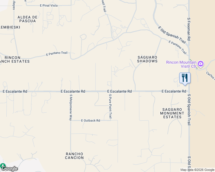 map of restaurants, bars, coffee shops, grocery stores, and more near 11341 East Escalante Road in Tucson