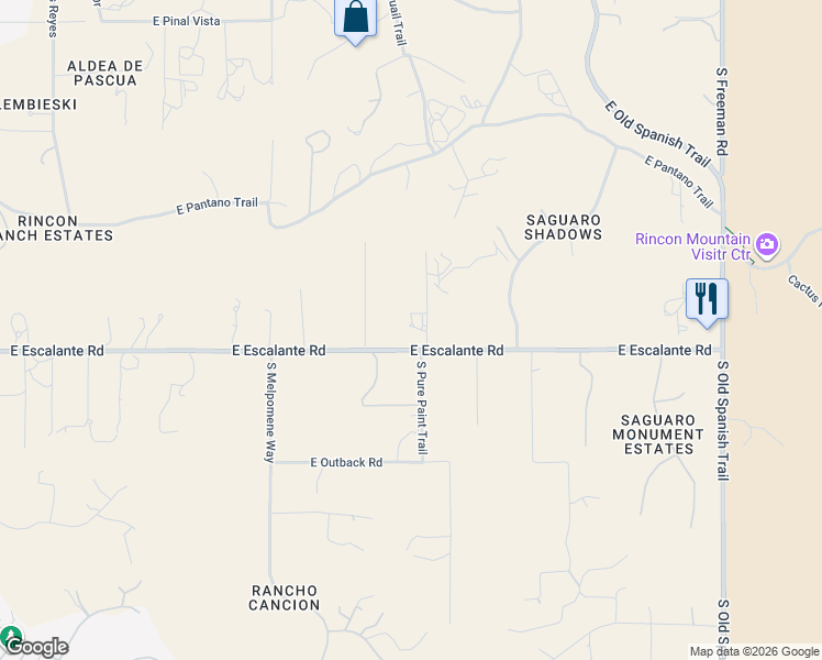 map of restaurants, bars, coffee shops, grocery stores, and more near 11341 East Escalante Road in Tucson