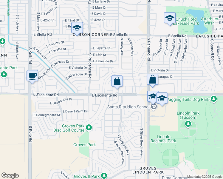 map of restaurants, bars, coffee shops, grocery stores, and more near 7641 East Queen Palm Place in Tucson