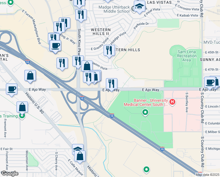 map of restaurants, bars, coffee shops, grocery stores, and more near 2271 East Ajo Way in Tucson