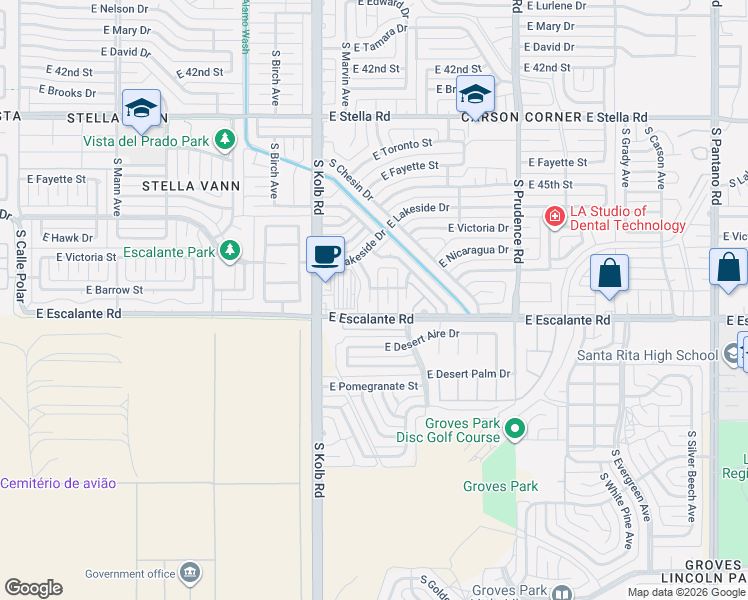 map of restaurants, bars, coffee shops, grocery stores, and more near 3722 South Barrow Place in Tucson