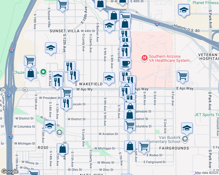 map of restaurants, bars, coffee shops, grocery stores, and more near 150 West Ajo Way in Tucson