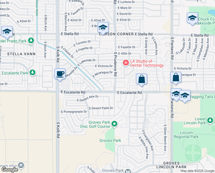 map of restaurants, bars, coffee shops, grocery stores, and more near 7432 East Perth Place in Tucson