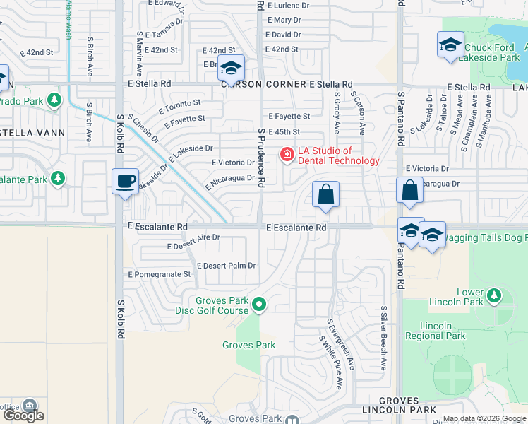 map of restaurants, bars, coffee shops, grocery stores, and more near 7572 East Kensington Drive in Tucson
