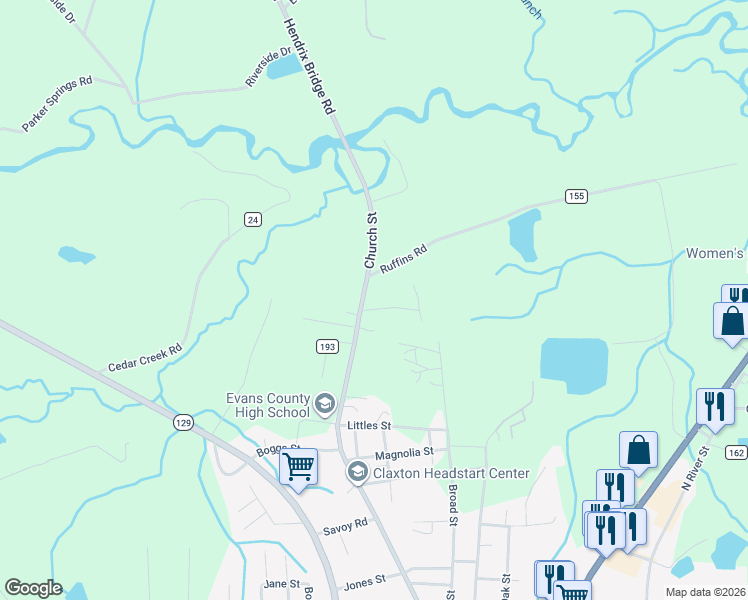 map of restaurants, bars, coffee shops, grocery stores, and more near 1039 Hendrix Bridge Road in Claxton