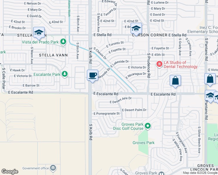 map of restaurants, bars, coffee shops, grocery stores, and more near 3722 South Barrow Place in Tucson